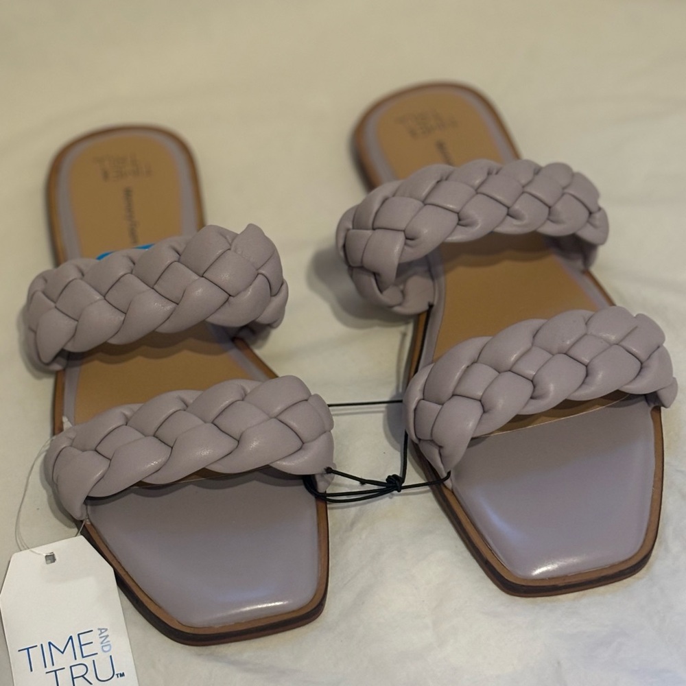 Time and Tru Braided Two Band Lavender Memory Foam Square Toe Slip On Sandals